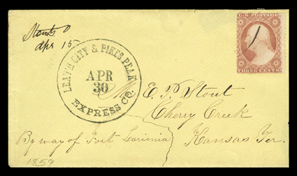Leavh City & Pikes Peak Express Co., Apr 30 (1859), well struck handstamp without year date on inbound yellow cover to Pinkey Stout at Cherry Creek, Kansas Territory with
original letter datelined Armstrongs Palace, Lewis Co, Ky, April 15, 1