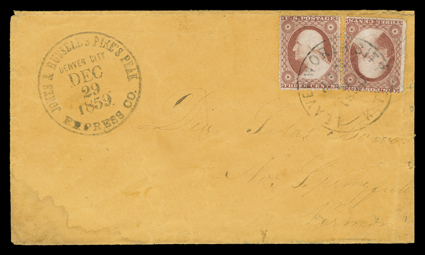 Jones & Russells Pikes Peak Express Co., Denver City, Dec. 29, 1859, clear datestamp on orange cover to North Springfield, Vermont with two 3c Dull red (26, one torn), entered
the mails with Leavenworth City, K.T.Jan , 1860 postmark, very fi