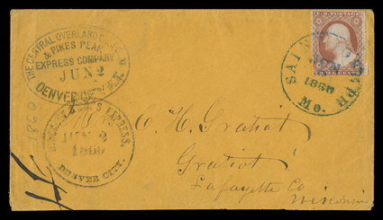 Hinckley & Co.s Express, Denver City, Jun 2, 1960, mostly clear handstamp and oval The Central Overland California& Pikes PeakExpress CompanyDenver City K.T.June 2 handstamp on
orange cover with 3c Dull red (26) to Gratiot, Wisconsin, ent