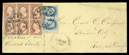 Hinckley & Co.s Express, Denver City, Mar 25, 1861, clear handstamp on yellow legal sized cover originating in California with block of six (3x2) 3c Dull red (26) and
horizontal pair 1c Blue, Ty. V (24) cancelled by two bold strikes of Ge