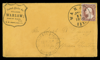Hinckley & Cos Express, Denver City, their handstamp on two out of three Fleming correspondence covers with Keokuk Packet Co. shield design corner cards, first to Mrs. Fleming
at Warsaw, Illinois from the mines in the vicinity of Denver, with ad