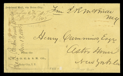 Overland Mail, via Boise City, printed directive on yellow cover to New York City, with manuscript Ruby City, I.T.Oct 19, 1865 Idaho Territory postmark, carried free in the
U.S. Mails by Joseph Leach to Boise City, thence by Holladays Overl