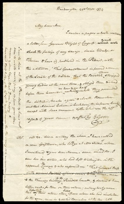 [The Burnt Capitol, Elbridge Gerry] Gerry, Elbridge Historic Autograph Letter Signed E. Gerry as Vice President, 4 full pages, legal folio, Washington, October 21-23, 1814,
decribes the Burning of Washington and the Capitol. My dear Ann, I enc