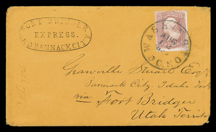 Fort Bridger and Bannack City Express, mostly clear oval handstamp on orange cover with 3c Rose (65) tied by Washington, D.C.Aug 12, 1863 datestamp to Bannack City, Idaho
Territory endorsed via Fort Bridger, Utah Territory, pencil COD 75c