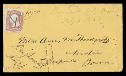 Bannack City Express, bold semi-circular handstamp on cover to Miss Ann M. Woodruff at Newton, Iowa, cover with light stains and stamp cut out and replaced, very fine strike
lot also includes four other faulty covers to the same recipient, one w
