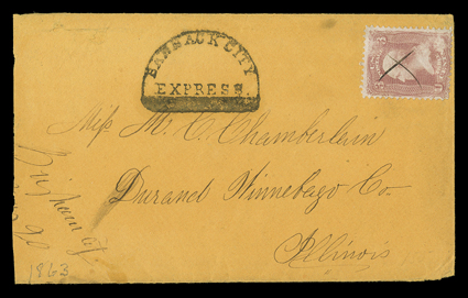 Bannack City Express, bold semi-circular handstamp on orange cover to Durand, Illinois with 3c Rose (65, rubbed) cancelled by manuscript X, accompanied by the original four
page letter datelined Bannack City Idaho Territory May 2363, cover