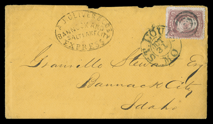 A.J. Oliver & Cos Bannock and Salt Lake City Express, well struck oval handstamp on cover inbound to Bannack City, Idaho with 3c Rose (65, crease) tied by double circle St.
Louis, MoOct 31 datestamp, with original letter datelined at Washin