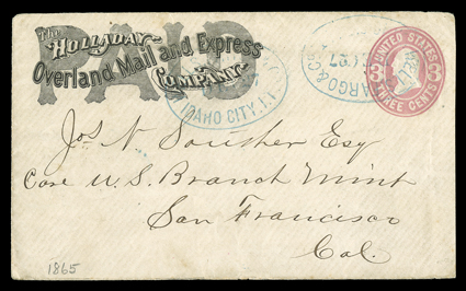The Holladay Company Overland Mail and Express, Paid, printed frank on 3c Pink entire (U34) to San Francisco cancelled by two strikes of blue oval Wells, Fargo & Co.Idaho City,
I.T.Dec 27 datestamp, very fine conjunctive use during Holladay
