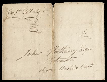 [Battle of Chippewa] folded letter of Captain Gilbert from U.S. occupied Canada with integral address leaf and manuscript f (free) as addressed to a postmaster, datelined
Queenstown Upper Canada July 11th 1814 with a portion of an excellent t