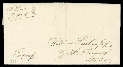 [Ft Clark 11th March, By Express], Mandan Village (Dakota), March 11th, 1832 dated folded letter with integral address leaf to Fort Tecumseh (close to Fort Pierre on the
present day site of Pierre, South Dakota), with manuscript Ft. Clark11th