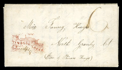 [Steamer Illustrated Postmark], Windsor LocksCt., beautiful highly detailed strike in red of this steamboat illustrated town postmark with manuscript Apr 8 date on 1844 folded
letter with integral address leaf to North Granby, Ct. with manuscr
