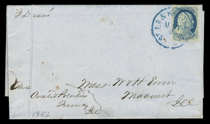 [St. Louis & Keokuk Route Agent] J. Deans manuscript endorsement on 1856 prices current to Maconet, Ill. franked by 1c Blue, Ty. V (9), ample to mostly large margins all
around, tied by mostly clear strike of scarce blue St. Ls. & Kk Steamers
