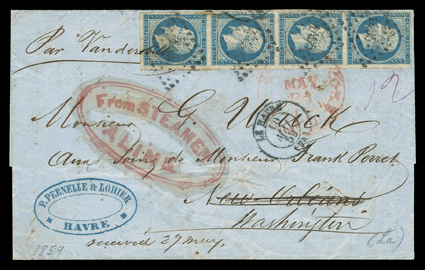 From SteamerAline, bold red double oval handstamp on 10 May 1859 folded letter with integral address leaf to New Orleans, originated in Havre, France with vertical strip of
four France 1854 20c Blue on bluish (15, top stamp crease), ample to mo