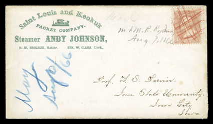 Saint Louis and KeokukPacket Company.Steamer Andy JohnsonH.W. Brolaski, Master Ben W. Clark, Clerk., green steamboat illustrated corner card on cover franked by 3c Rose (65)
cancelled by multiple colored pencil strokes, to Iowa City, with ori