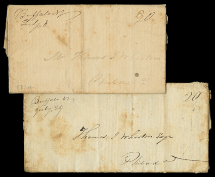 [Battles of Chippewa and Lundys Lane] two outstanding folded letters with integral address leaves, both written by Captain James Hall, 2nd Lieut. in the artillery to Thomas
Wharton at Philadelphia, with manuscript Buffalo, N.Y. postmarks and 
