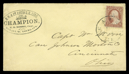 N.O. & St. Louis R.R. Line.ChampionE.B. Moore, Capt.Duvall W. Young, Clk., steamer illustrated handstamped corner card on yellow cover to Cincinnati franked with 3c Dull red
(26) tied by Cairo, Ill.Jun 27, 1861 c.d.s., fresh and very fine