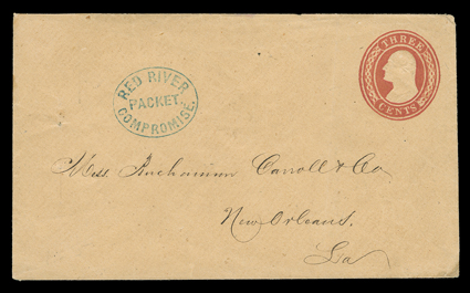 Red RiverPacketCompromise, perfectly struck handstamp in blue on 3c Red on buff entire (U10) to New Orleans from the Buchannon, Carroll correspondence, harmless vertical fold,
fresh and extremely fine.The Compromise was a side-wheeler of 2