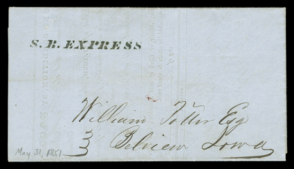 S.B. EXPRESS, complete stencil cachet of folded partially printed May 31, 1851 Bill of Lading for Five Kegs of Liquor and other merchandise to Belview, Iowa, extremely fine and
choice.The Express was a side-wheeler of 192 tons built at