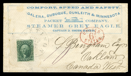 Galena, Dubuque, Dunleith & MinnesotaPacket CompanySteamer Grey EagleCaptain D. Smith Harris. Steamboat illustrated advertisement in blue on cover to Oakland, Canada West and
franked by 10c Green, Ty. III (15), large margins to touching, tied