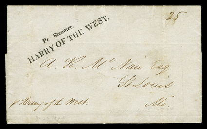 Pr SteamerHARRY OF THE WEST, fantastic strike of this two-line straightline handstamp on March 23, 1844 folded letter with integral address leaf datelined at New Orleans to St.
Louis, endorsed pr Harry of the West at lower left and manuscript