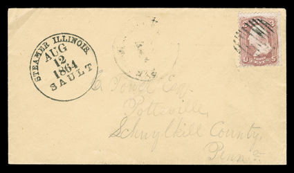 Steamer Illinois.Aug 12 1864Sault, perfectly struck handstamp on cover to Pottsville, Pa. franked by 3c Rose (65) tied by grid, with matching indistinct datestamp alongside,
very fine this handstamp is similar to a postmark and gives the name
