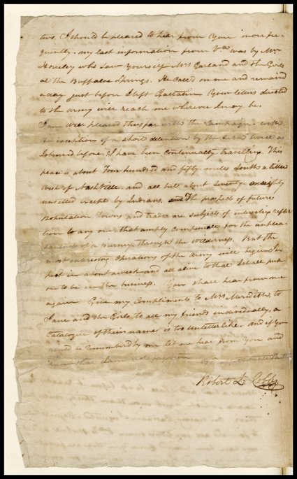[Battle of New Orleans] Two extraordinary letters by Robert L. Cobbs, surgeon in Andrew Jacksons army, on the movements prior to the Battle of New Orleans and on the battle
itself. Both are to his brother John in New Glasgow, Virginia. The first