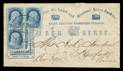 Popular St. Louis and Missouri River Packet.Light Draught Passenger SteamerJohn Warner., printed advertisement in blue on cover to Hartford, Ct. franked by L shaped strip of
three 1c Blue, Ty. V (24) tied by Natchez, Miss.Dec 27 1859 date