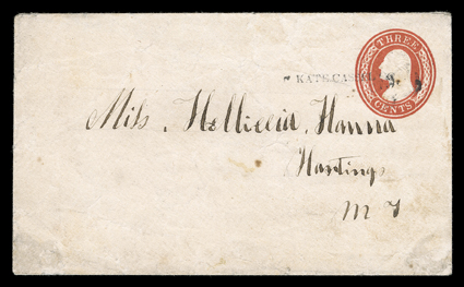 KATE CASSEL, clear strike of small straightline handstamp tying the indicia of 3c Red entire (U9) to Hastings, M.T. (Minnesota Territory), very fine posted to the purser of the
Kate Cassel and dropped off at Hastings on the way down from St