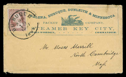 Galena, Dubuque, Dunleith & MinnesotaPacket Company.Steamer Key CityJones Worden - Commander, blue-green steamboat illustrated advertisement on cover to North Cambridge, Mass.
franked by 3c Dull red (11), clear to large margins, tied by Dubu