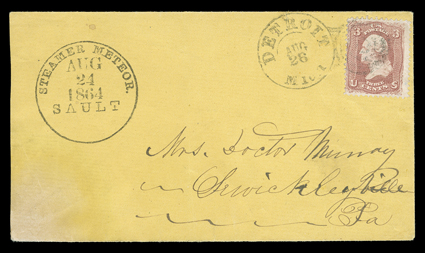 Steamer Meteor.Aug 24 1865Sault, clear handstamp on cover to Sewickleyville, Pa., entered the mails with 3c Rose (65) tied by Detroit, Mich.Aug 26 duplex postmark, cover with
light age stain at lower left, otherwise very fine.The Meteor