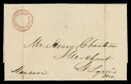 Pr. SteamerMonsoon., well struck red double circle handstamp on August 15, 1839 folded letter with integral address leaf datelined at Louisiana (Missouri) to St. Louis,
vertical file fold through the marking, otherwise very fine.The Monsoon