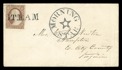 MorningStar, beautifully struck circular handstamp with star at center on small cover to Hampton, Va., franked by 3c Dull red (11) tied by straightline STEAM handstamp of St.
Louis, very fine.The Morning Star was a side-wheeler of 465 ton