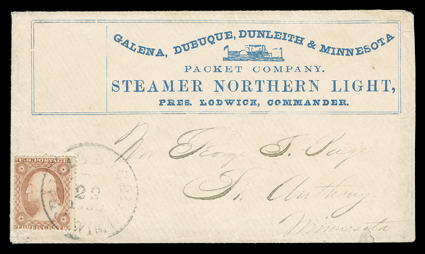 Galena, Dubuque, Dunleith & MinnesotaPacket CompanySteamer Northern Light,Pres. Lodwich, Commander, blue steamboat illustrated advertisement on cover to St. Anthony, Minnesota
franked by 3c Dull red (26) tied by Prairie du Chien1860 datest