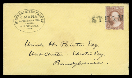 Missouri River PacketOMAHAA. Wineland,CaptainJ.J. Wilcox,Clerk, handstamp on yellow cover to West Chester, Pa., franked by 3c Dull red (26) tied by straightline STEAM handstamp
of St. Louis, portion of bottom flap missing, very fine.The <