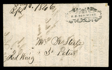 S.B. RED WING, beautifully struck fancy ornamental linen tester handstamp with two angels playing a harp on July 10, 1846 folded Bill of Lading from Galena, Illinois to St.
Peter (Fort Snelling), while part of Iowa Territory very fine and choice