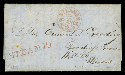 SteamerSt. Ange, red circular handstamp with fancy shinning star on 1849 folded letter with integral address leaf to Gooding Grove, Ill., with red STEAM 10 handstamp, very
fine.The letter, written on board the St. Ange under the dateline o