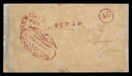 TUSCUMBIA, perfectly struck red fancy ornamental linen tester handstamp with spread eagle on buff cover to California from Kaskaskia, Illinois, entered the mails with red New
Orleans, La.Jan 14 datestamp and matching straightline STEAM a