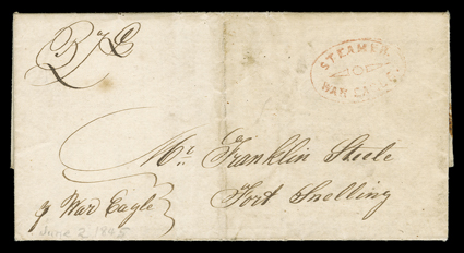 SteamerWar Eagle, mostly clear red oval ornamented handstamp on June 2, 1845 partially printed Bill of Lading from St. Louis to Fort Snelling, use while part of Iowa Territory,
handstamp repeated on back, fine.The War Eagle was a side-wheele