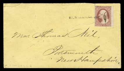 SM. WAR.EAGLE AUG, straightline handstamp with manuscript 6 date tying 3c Dull red (11) to yellow cover to Portsmouth, N.H., cover with large repaired tear across the front not
affecting the stamp or postmark, fine strike.The War Eagle was