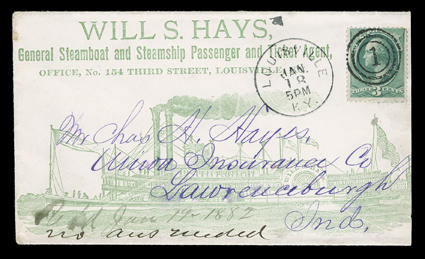 Will S. HaysGeneral Steamboat and Steamship Passenger and Ticket Agent, gorgeous all-over steamboat illustrated advertising cover in green to Lawrenceburgh, Indiana franked by
3c Green (184) cancelled by 1 in three-ring target, with matching