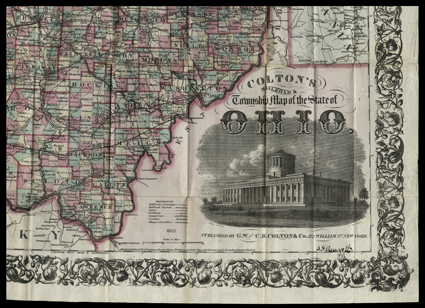 Coltons Railroad and Township Map of Ohio. Joseph Colton. New York, GW & CB Colton & Co., 1875. 25 by 29, folded to 16mo, brown cloth with gilt title. Contemporary tint. Ink
owner note on map title shield. Minor fold wear including small split