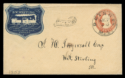 Michigan Central Railroad, fancy blue shield-shaped train illustrated advertisement of D.W. Whiting, general forwarder and commission merchants at Buffalo, N.Y. on 3c Red on
buff entire (U2) to Mt. Sterilng, Ill., entered the mails with Detroit