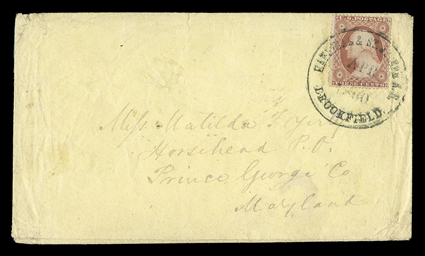 Hannibal & St. Joseph R.R., Brookfield, Apr ?, 1860, mostly clear route agents postmark tying 3c Dull red (26) to buff cover to Horsehead, Maryland, light edge wear, very fine
accompanied by advertising card showing a map of the railroad and i