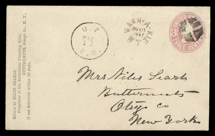 [Union Pacific Railroad - a Wyoming Station in 1869] 3c Pink entire (U58) to Butternuts, N.Y. with perfectly struck rimless Wash-A-Kie, Wy railroad station handstamp with
manuscript May 13, 1869 date and cancelled by U. P., R. R.May 13 ro
