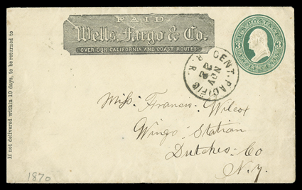 [Wells Fargo to Central Pacific Railroad] 3c Green on amber entire to Wings Station, N.Y. with Wells, Fargo & Co. printed frank, entered the mails with well struck Cent.
Pacific R.R.Nov 22 route agent postmark, slightly reduced at left, very f