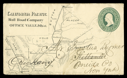 California Pacific Rail Road Company, Office Vallejo, Cal., printed corner card and nearly all over map design showing the routes of the California Pacific and Central Pacific
railroads lithographed by Ezra A. Cook & Co., Chicago on 3c Green on a