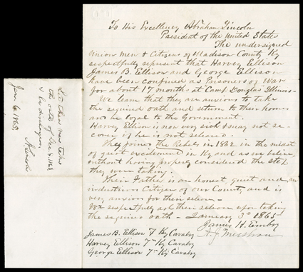 [Abraham Lincoln, Let these men take the oath] January 6, 1865. Autograph Note Signed A. Lincoln as President, 3 lines, on verso of the blank integral page of a letter signed
by James H. Embry and A.J. Mershon of Madison County, Kentucky, whi