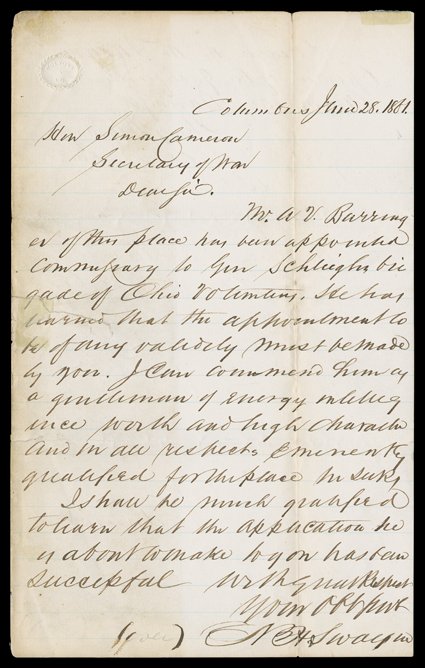 [Abraham Lincoln, Ohio forces] 1861 Autograph Note Signed A.L. on verso of the blank integral page of an Autograph Letter Signed by (future Supreme Court Justice) Noah H.
Swayne of Columbus, Ohio, who has written to Secretary of War Simon Camer