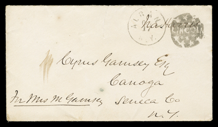 Lincoln mourning fancy cancellation, stars negative design and matching Albany, N.Y.Oct 17 datestamp over the free frank of Senator Ira Harris, addressed to Canoga, N.Y., cover
with sealed opening tear at top center, very fine strike.This nega