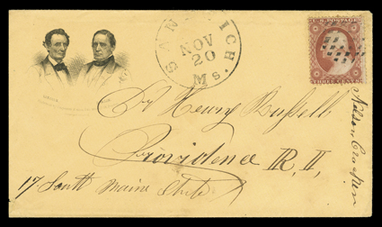 Lincoln & Hamlin portrait design by Carpenter and Allen of Boston on yellow cover to Providence, R.I. with 3c Dull red (26) cancelled by waffle grid, matching Sandwich, Ms.Nov
20 datestamp alongside, fresh and very fine illustrated in Milg